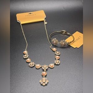 Monet Gold Tone Floral Crystal Bracelet with Pink Pearls